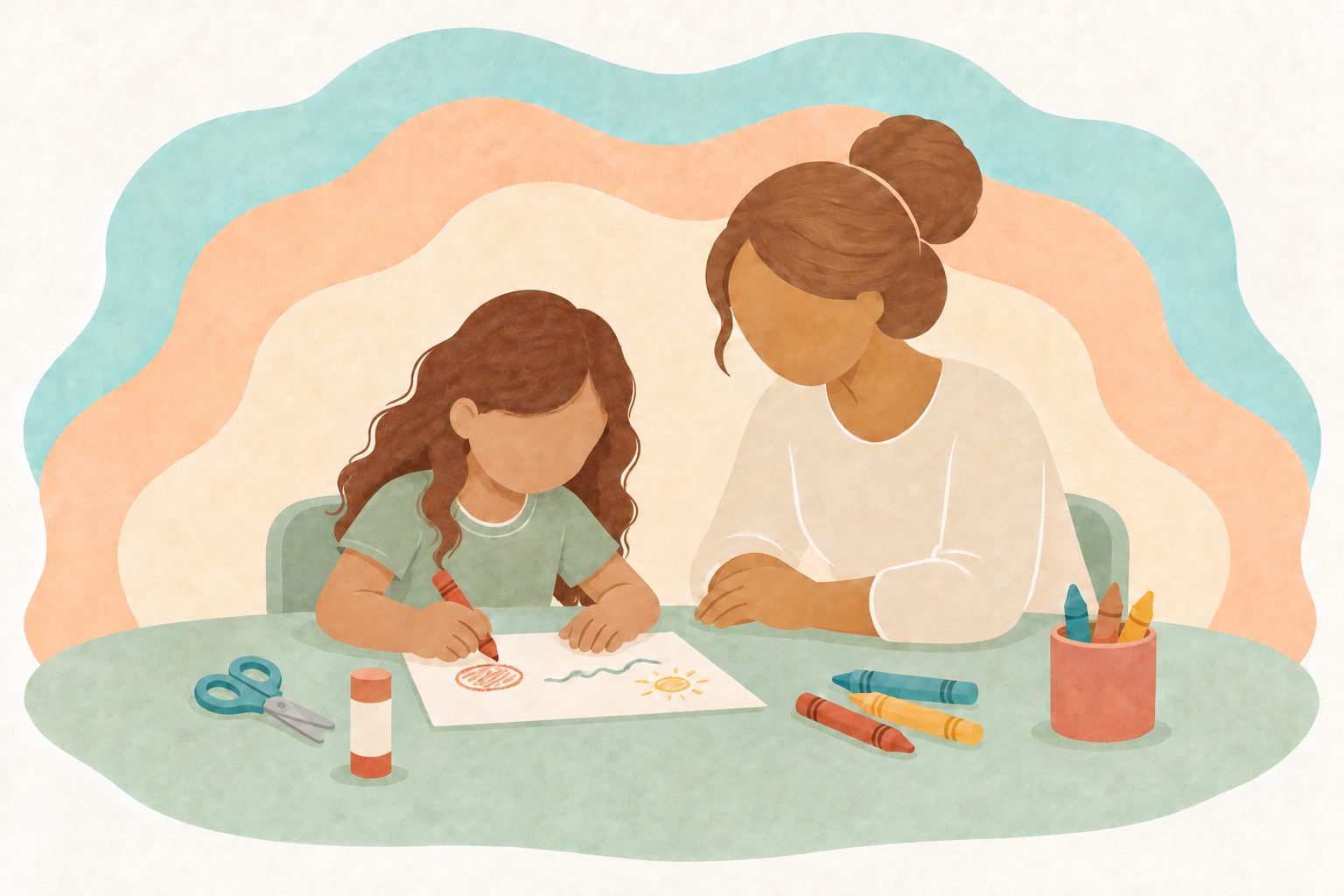 Child practicing drawing with crayons, scissors, glue, and other craft supplies