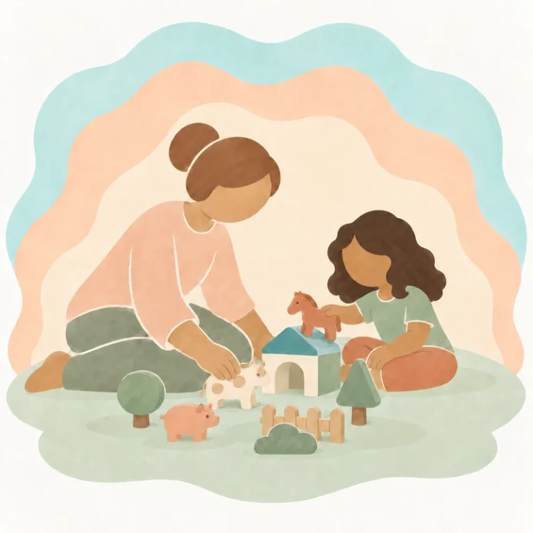 Illustration of a therapist and child playing together with a toy farm
