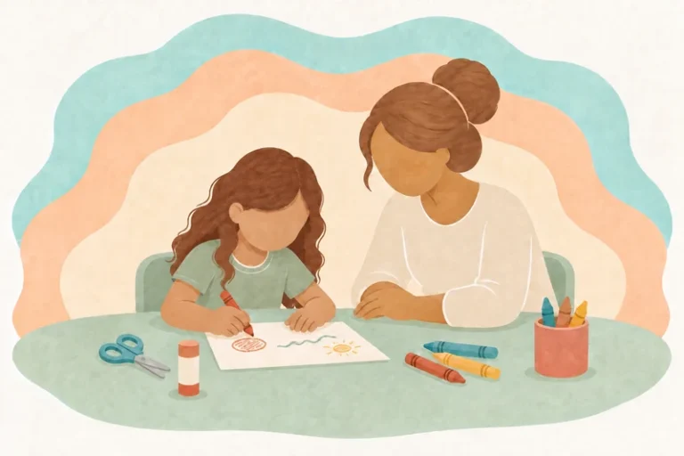 Illustration of a girl drawing and using craft supplies at a table with a therapist.
