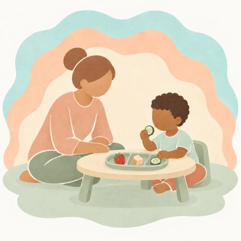 Illustration of a child exploring food with a therapist at a table