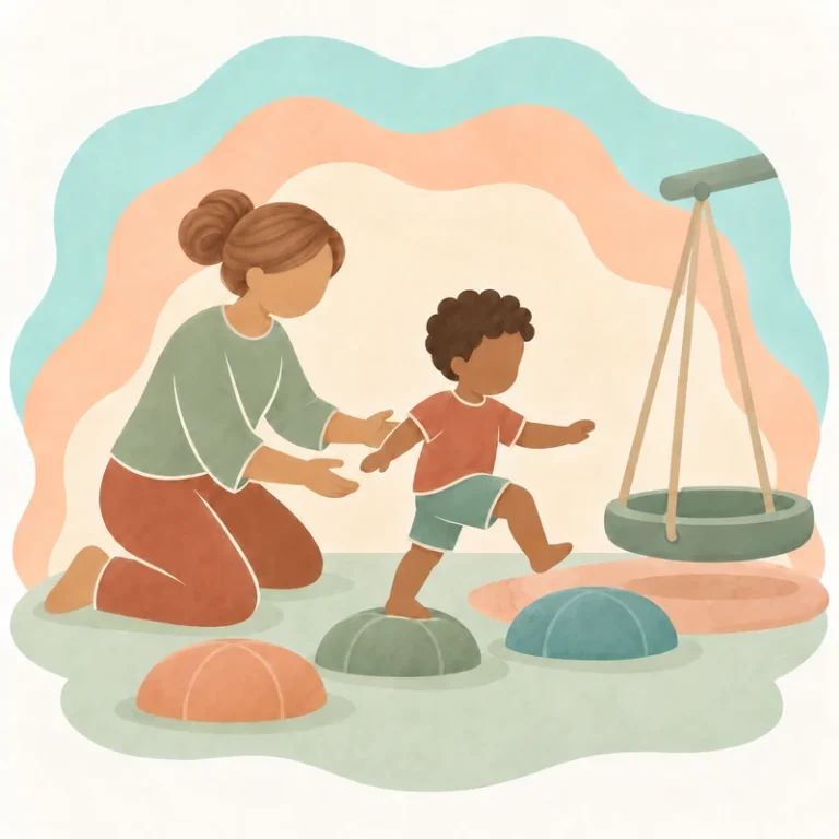 Illustration of a therapist supporting a child on a swing during movement play